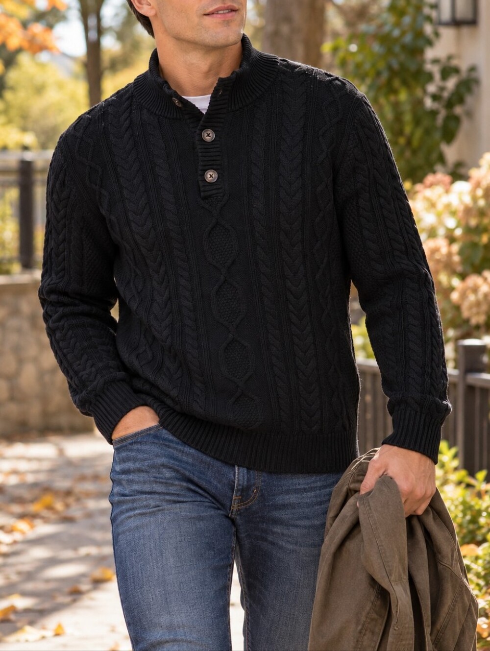 Tilley Men’s Black 100% Cotton Cable Knit Mock Neck Button Sweater Preppy Cozy